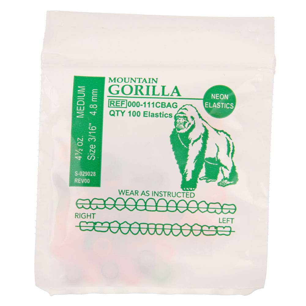 American Orthodontics Elastics Wildlife Gorilla | Assorted Neon, Medium, 4.5 Oz, 3/16" Size, 75 Packs Per Box, 7,500 Elastics | Made in The USA | Neon Colors, Top Quality Latex Tubing