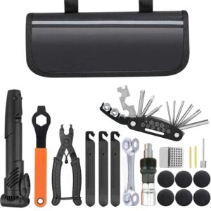 bike repair tool kit, bicycle tire pump, tire puncture repair kit,bicycle multi-function tool kit, master link pliers, crank pull tool, rubber-free tire patch, bicycle essential bicycle kit