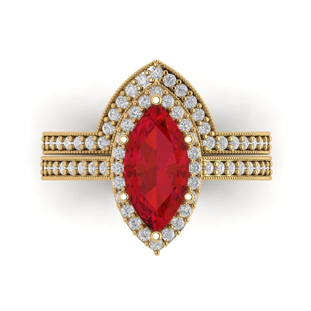 Clara Pucci 2.16ct Marquise Cut Halo Solitaire Simulated Ruby Engagement Promise Anniversary Bridal Ring Band set 18K Yellow Gold 3.5