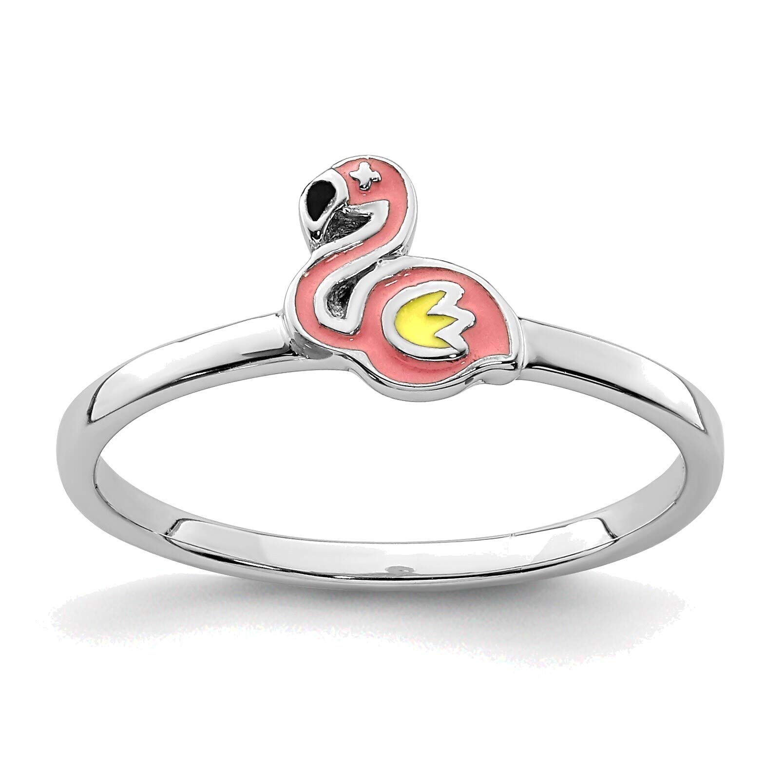 Bonyak Jewelry Solid Sterling Silver Rhodium-Plated Enameled Flamingo Ring in Size 4