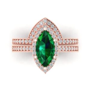 Clara Pucci 2.16ct Marquise Cut Halo Solitaire Simulated Emerald Engagement Promise Anniversary Bridal Ring Band set 18K Rose Gold 3.5