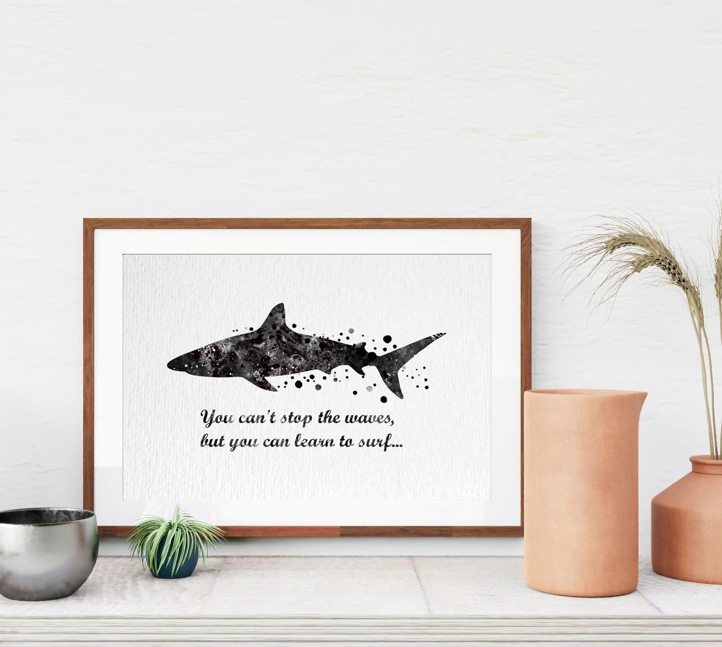 Dignovel Studios 8X10 Unframed Shark Sea Life You Can't Stop the Waves Learn to Surf Inspirational Quotes Words Saying Wisdom Watercolor Art Print Poster DN564