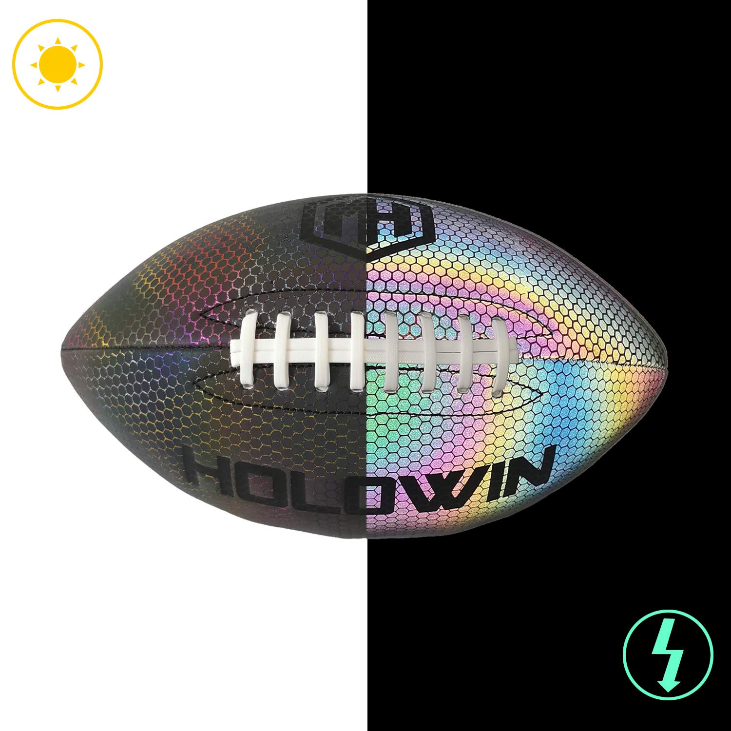 HW HOLOWIN Holographic Luminous Light Up Reflective Football for Night Games & Training, Glowing in The Dark, Great American Football Gifts for Men (Black, Official (Size 9))