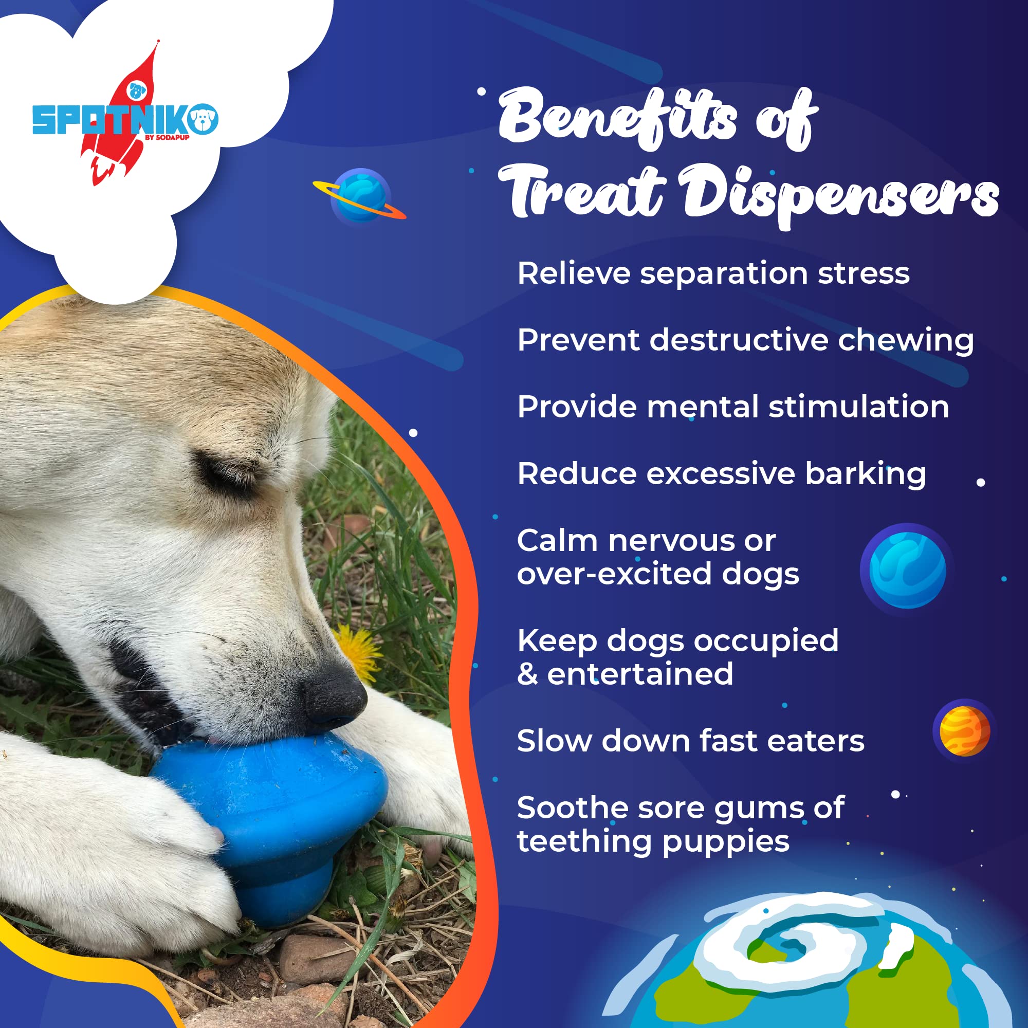 SodaPup Spotnik Flying Saucer - Durable Dog Treat Dispenser & Chew Toy Made in USA from Non-Toxic, Pet Safe, Food Safe Natural Rubber for Mental Stimulation, Problem Chewing, Calming Nerves, & More