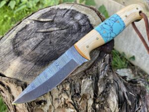 perkin damascus hunting knife with sheath fixed blade knife bushcraft knife full tang - t100