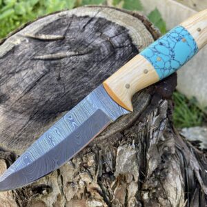 Perkin Damascus Hunting Knife With Sheath Fixed Blade Knife Bushcraft Knife Full Tang - T100