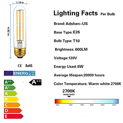 Adshen-US T10 LED Tubular Light Bulbs,Warm White 2700K,6W Dimmable Tube Vintage Led Filament Bulbs 60 Watt Equivalent,E26 Medium Base,LED Edison Bulb for Desk Lamp,Pendant Lights,4-Pack