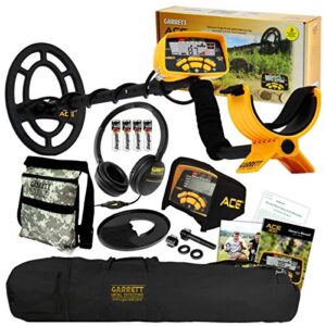 garrett ace 300 metal detector w/ 7 x 10″ waterproof coil, carry bag, camo pouch