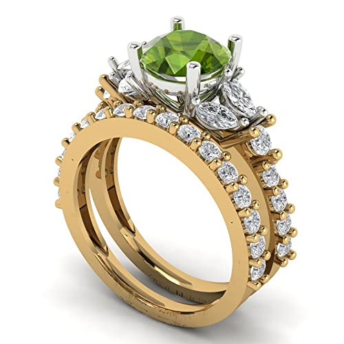 Clara Pucci 2.82 ct Round cut Solitaire 3 stone Natural Peridot Designer Art Deco Statement Wedding Ring Band Set 18K 2 tone Gold 10.5