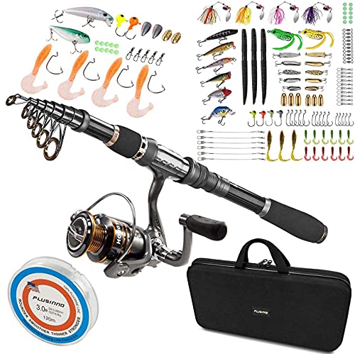 PLUSINNO Telescopic Fishing Rod and Reel Combo, 102Pcs Fishing Lures Baits Tackle