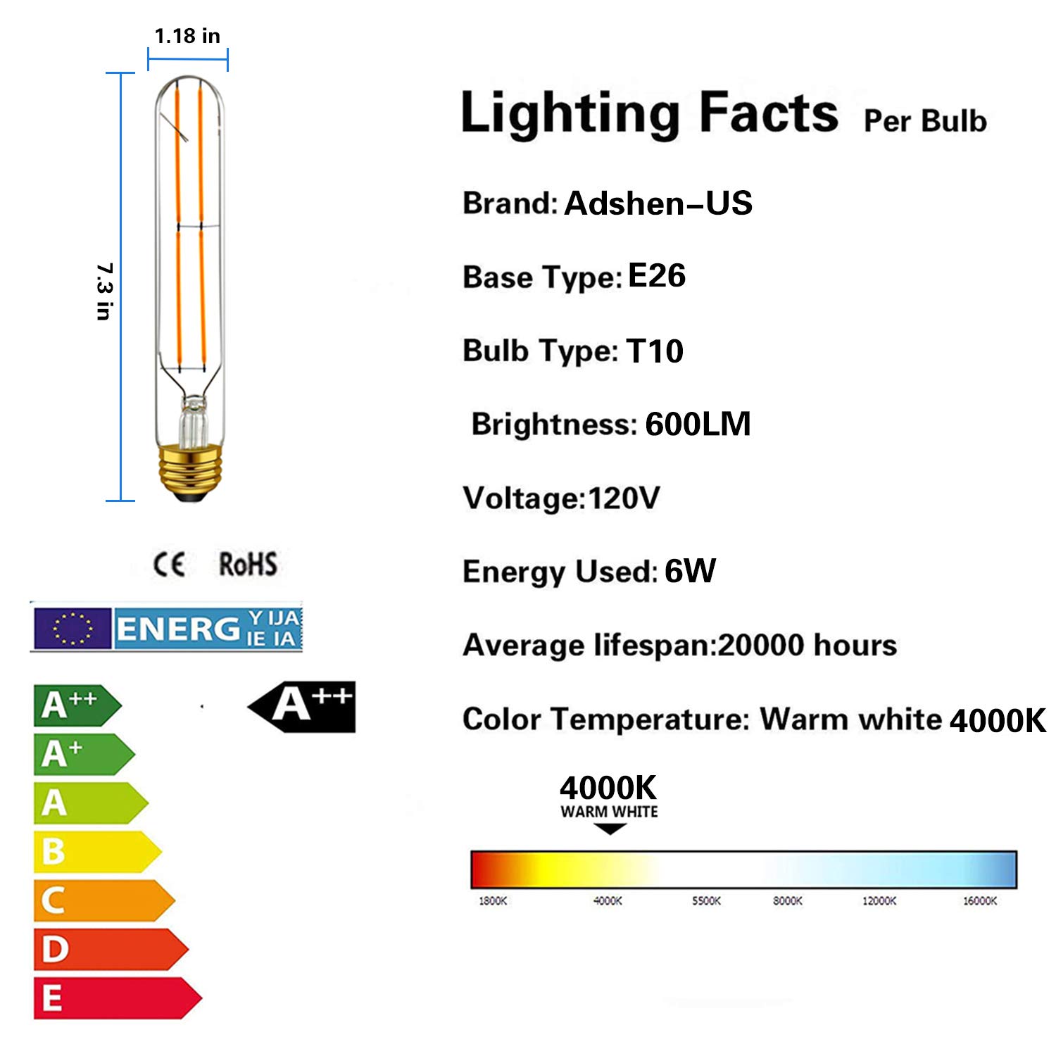 Dimmable 6W Edison Tubular Led Light Bulbs T10/T30,E26 Medium Base 4000K Daylight White Filament Lamp 60 Watt Incandescent Bulb Equivalent,7.3 Inch,Pack of 4