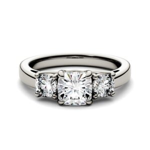 14K White Gold Moissanite by Charles & Colvard 6mm Cushion Trellis Three Stone Engagement Ring-size 8.5 1.76cttw DEW