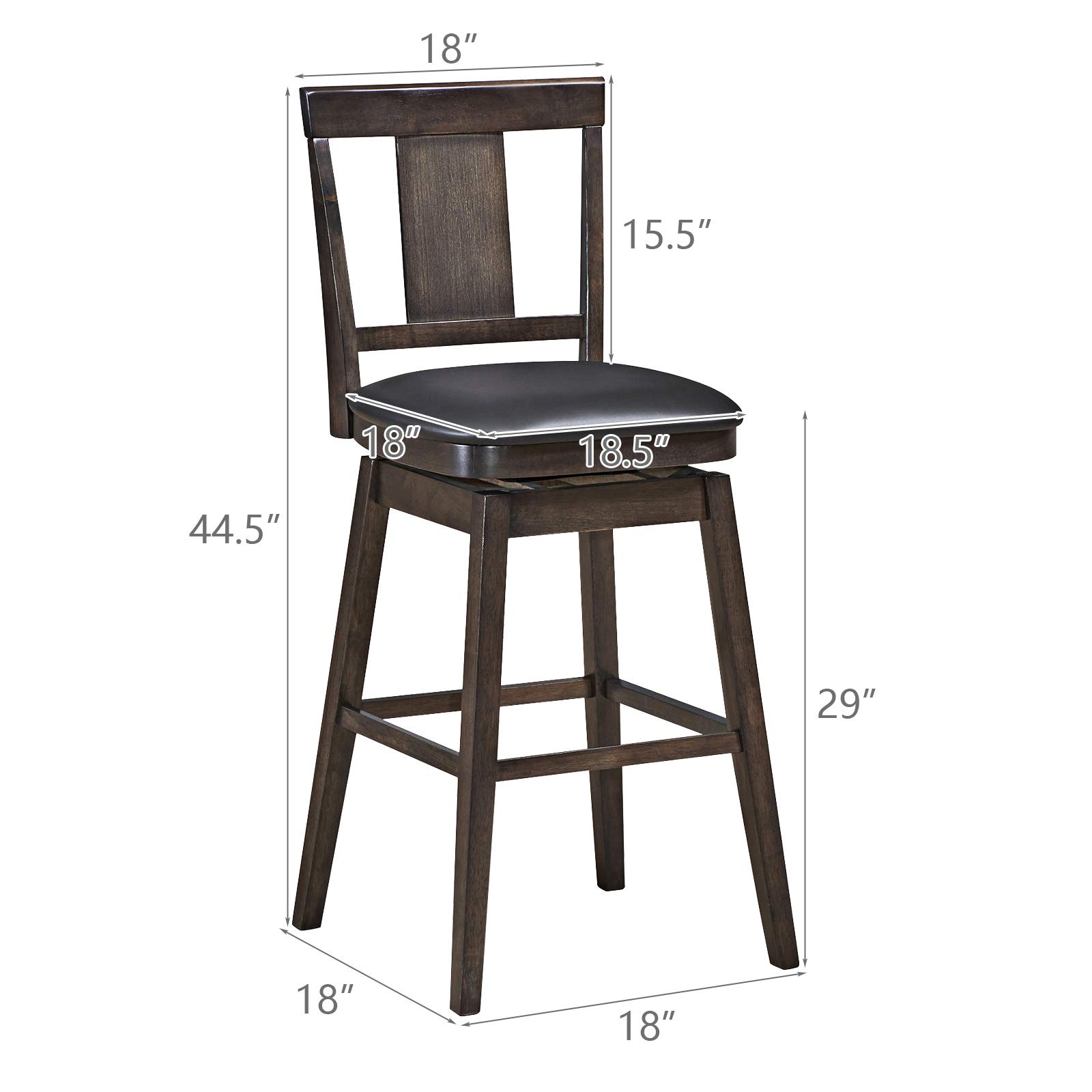 COSTWAY Bar Stools Set of 3, 360 Degree Swivel, Wooden Bar Height Bar Stool, Leather Padded Seat, Single Slat Back & Solid Rubber Wood Legs, Upholstered Stool for Dining and Living Room (3, 29)