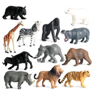 Kvohzbl Mini Wild Animal Toys, Forest Animal Dolls, African Savannah Lion, Tiger, Giraffe, Zebra, Bear, Elephant, Rhinoceros Animal Model Toys, Children's Gifts (12 Pieces)