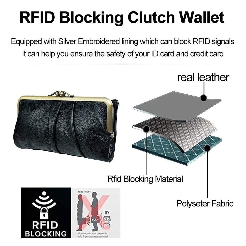 EASTNIGHTS Rfid Blocking Wallets for Women Leather Clutch Wallet Bifold Credit Card Holder Ladies Coin Purse With Zipper and Kiss Lock (black)