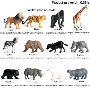 Kvohzbl Mini Wild Animal Toys, Forest Animal Dolls, African Savannah Lion, Tiger, Giraffe, Zebra, Bear, Elephant, Rhinoceros Animal Model Toys, Children's Gifts (12 Pieces)