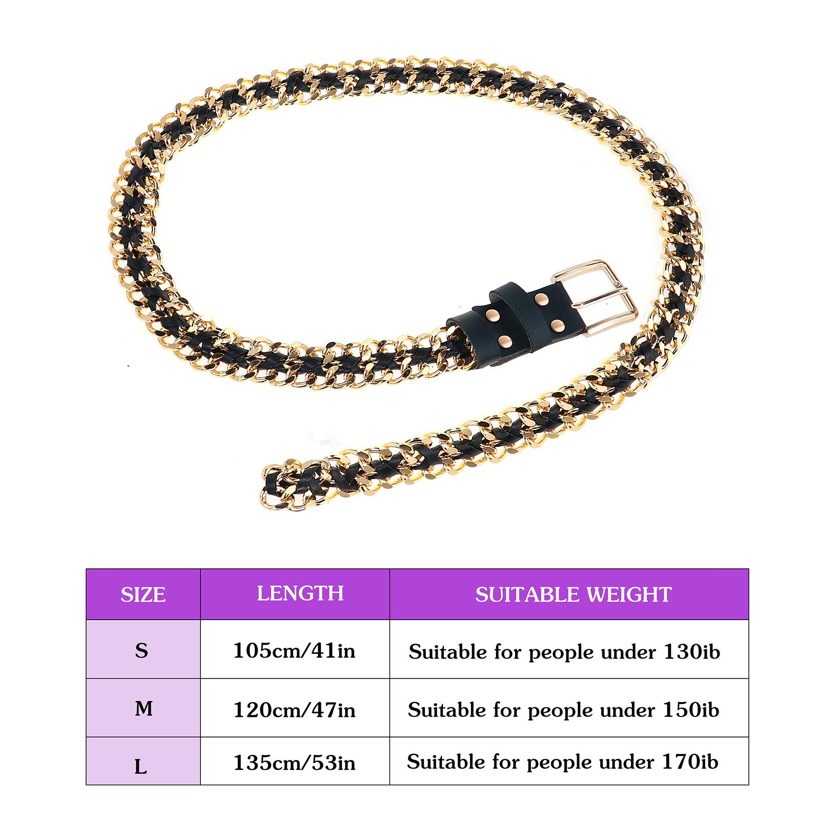 Glamorstar Gold Metal Punk Belts Leather Chain Waist Belt for Women Dresses Gold Black 120CM/47.2IN