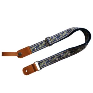 MUSIC FIRST Original Design Vintage Blue “Jasmine” Soft Meshbelt & Genuine Leather Ukulele Strap Ukulele Shoulder Strap With a Genuine Leather Strap Locker