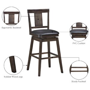 COSTWAY Bar Stools Set of 3, 360 Degree Swivel, Wooden Bar Height Bar Stool, Leather Padded Seat, Single Slat Back & Solid Rubber Wood Legs, Upholstered Stool for Dining and Living Room (3, 29)