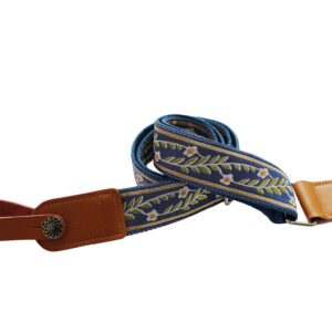 MUSIC FIRST Original Design Vintage Blue “Jasmine” Soft Meshbelt & Genuine Leather Ukulele Strap Ukulele Shoulder Strap With a Genuine Leather Strap Locker