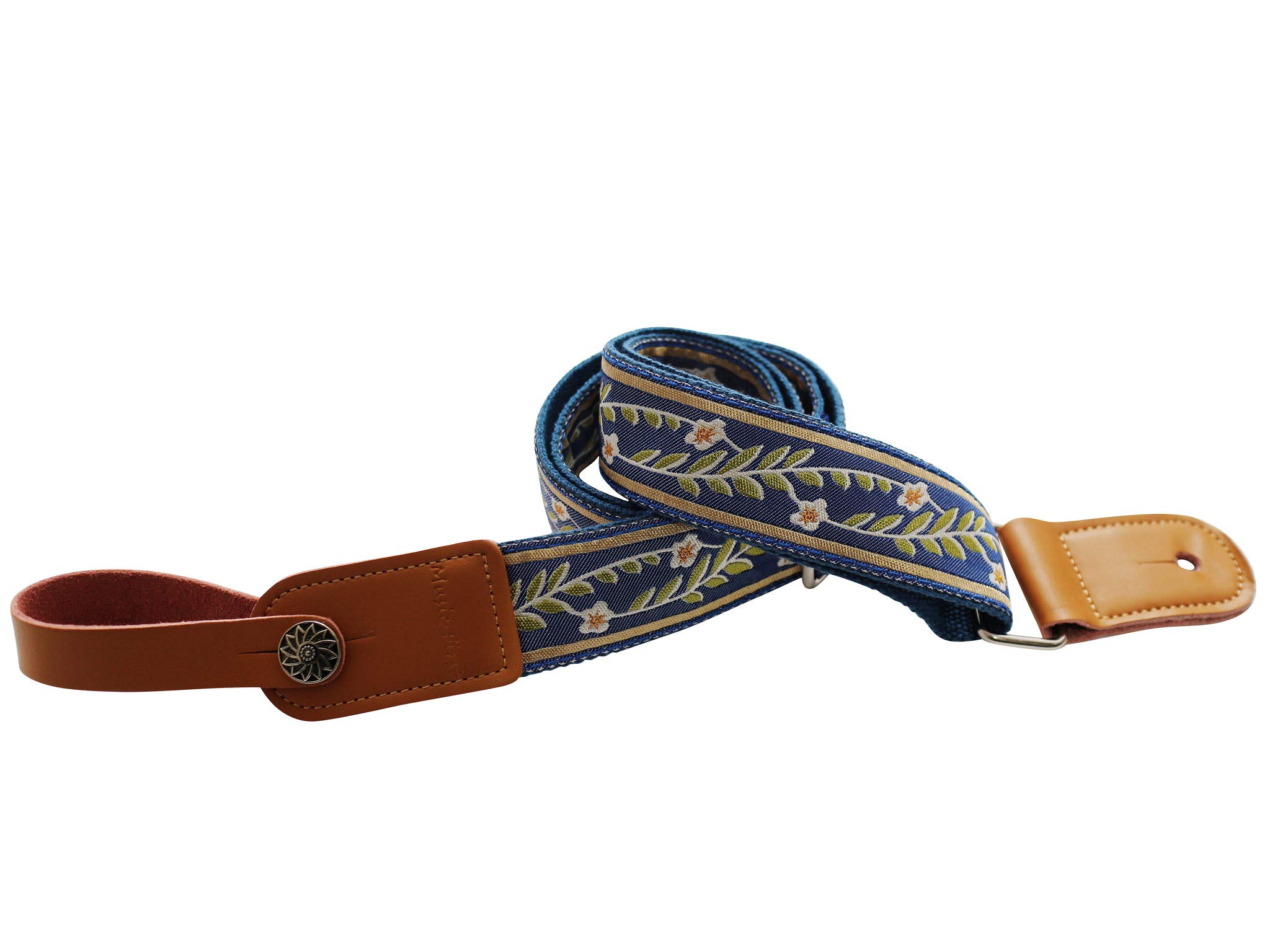 MUSIC FIRST Original Design Vintage Blue “Jasmine” Soft Meshbelt & Genuine Leather Ukulele Strap Ukulele Shoulder Strap With a Genuine Leather Strap Locker