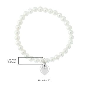 Blue Ocean Pearls .925 Sterling Silver & 6mm-6.5mm AAAA Round White & Pink Freshwater Cultured Pearl Bride & Bridesmaid Stretch Strand Charm Bracelet with Heart Charm - 7" (White)