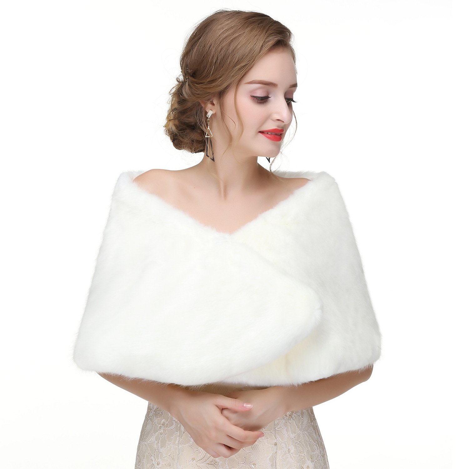 Haloty Wedding Faux Fur Shawl 1920s Women Fur Shawls and Wraps Bride Fur Stole Bridal Faux Fur Capelet Fur Cape Fur Shrug with Brooch for Women and Girls (Beige)