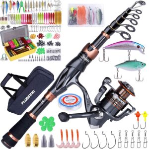 plusinno telescopic fishing rod and reel combo(1.98m 6.49ft),302pcs fishing tackle kit set including crankbaits, plastic worms, jig hooks, topwater lures, fishing weights, tackle box