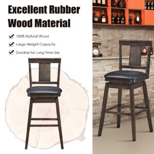 COSTWAY Bar Stools Set of 3, 360 Degree Swivel, Wooden Bar Height Bar Stool, Leather Padded Seat, Single Slat Back & Solid Rubber Wood Legs, Upholstered Stool for Dining and Living Room (3, 29)