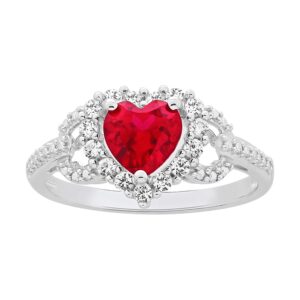 lexi and rose .925 sterling silver, heart cut lab-grown ruby & round lab-grown white sapphire halo promise ring - size 8