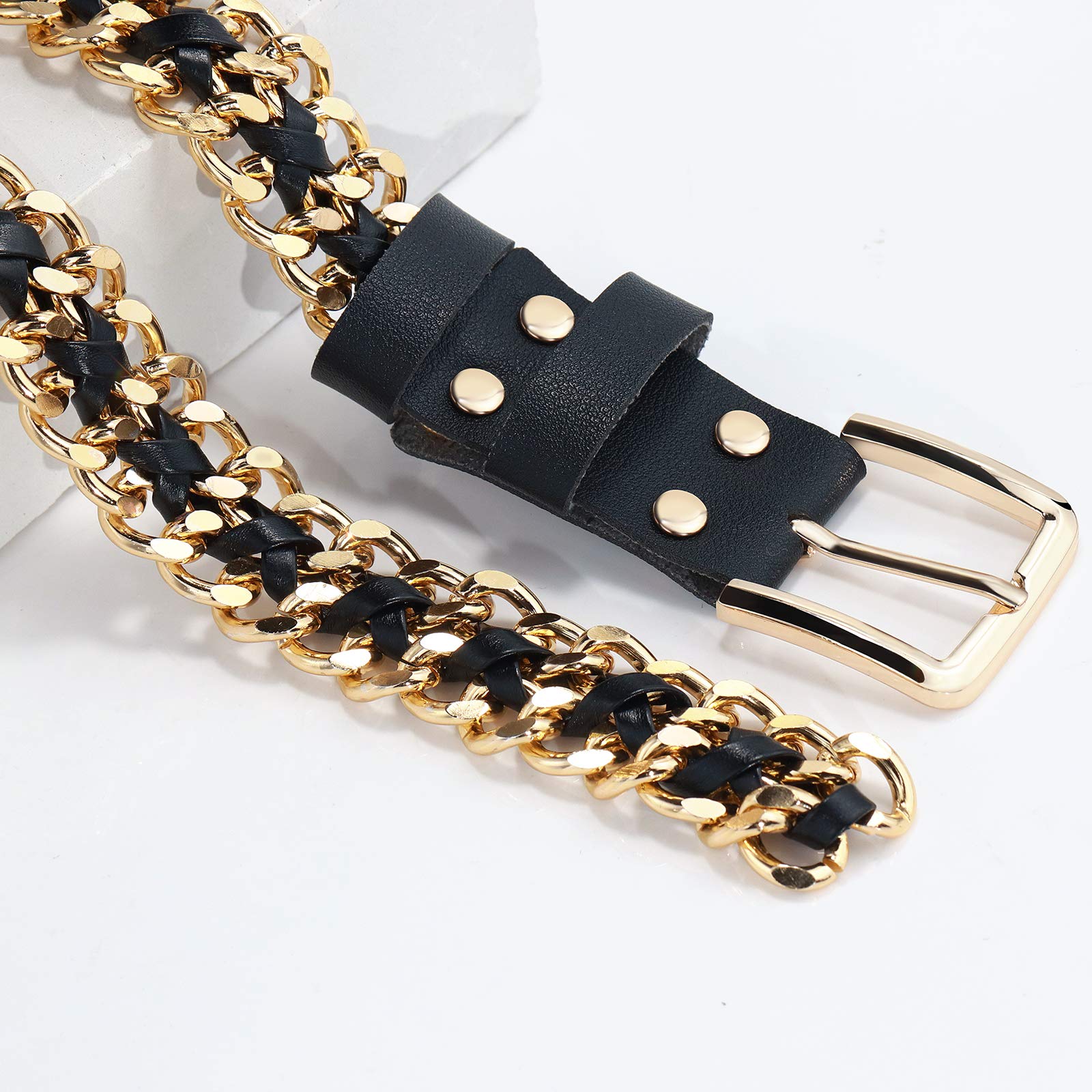 Glamorstar Gold Metal Punk Belts Leather Chain Waist Belt for Women Dresses Gold Black 120CM/47.2IN