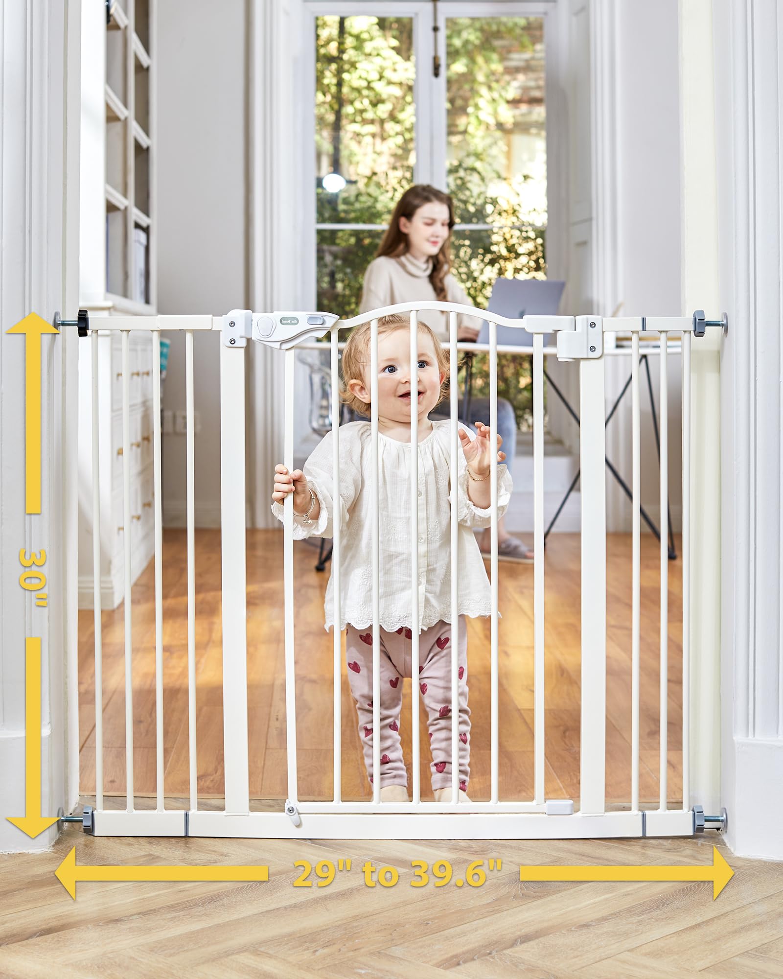 InnoTruth 29-39.6" Baby Gate for Pets, Auto Close Both Sides Dog Gate with One-Hand Opening, 30" Tall Safety Gates for Stairs, Hallways, Bedrooms, Wall Pressure Mount No Drill, White