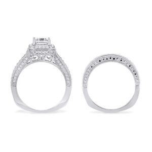 Lexi and Rose .925 Sterling Silver & Asscher Cut Cubic Zirconia with Halo Cathedral Style Engagement Ring and Half Eternity Style Wedding Band Bridal Set - Size 6