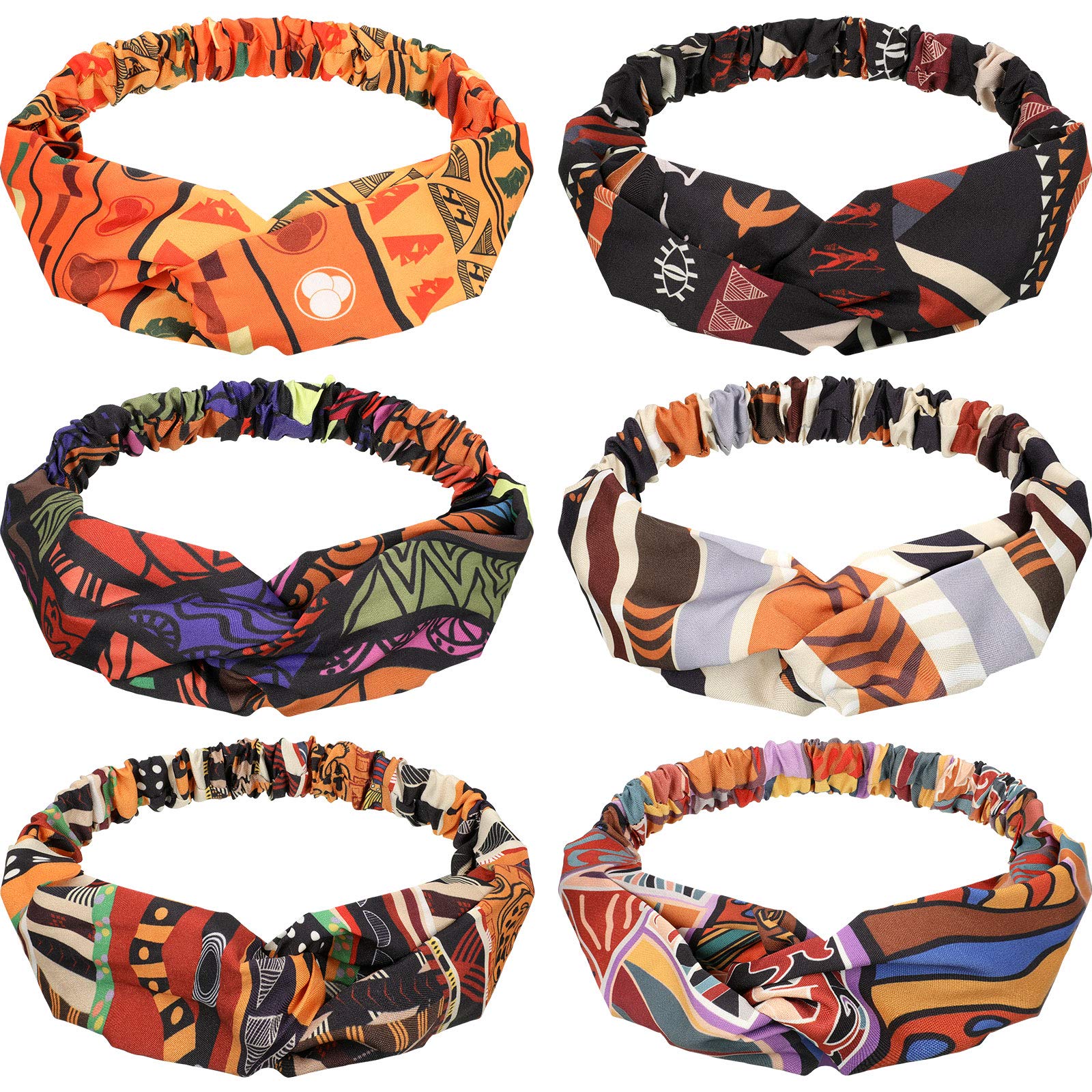 6 Pieces African Headbands Boho Print Headband Twist Knot Elastic Hair Bands Criss Cross Headband Workout Yoga Sports Hair Accessories for Women Girls