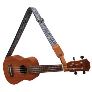 MUSIC FIRST Original Design Vintage Blue “Jasmine” Soft Meshbelt & Genuine Leather Ukulele Strap Ukulele Shoulder Strap With a Genuine Leather Strap Locker