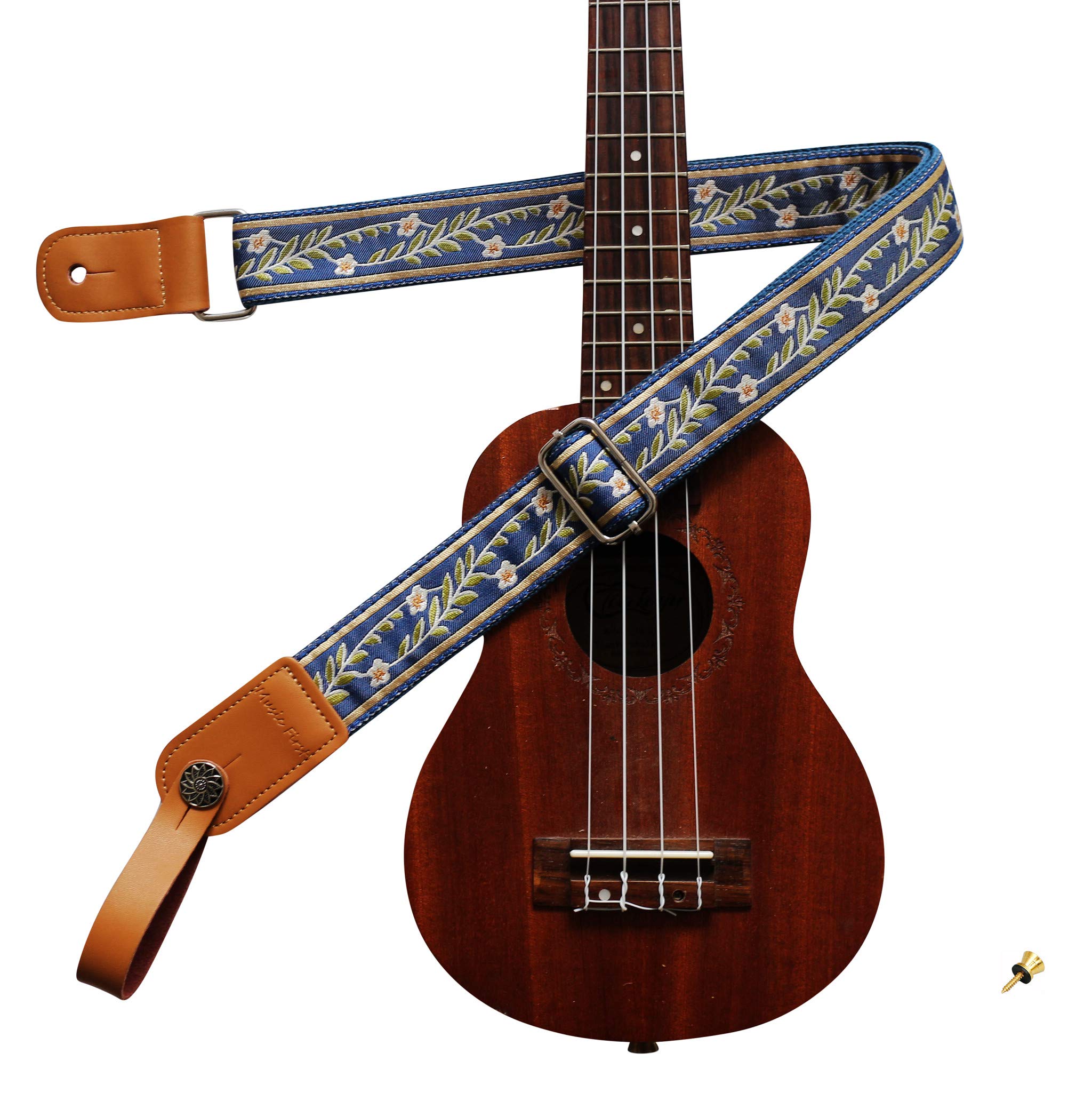 MUSIC FIRST Original Design Vintage Blue “Jasmine” Soft Meshbelt & Genuine Leather Ukulele Strap Ukulele Shoulder Strap With a Genuine Leather Strap Locker