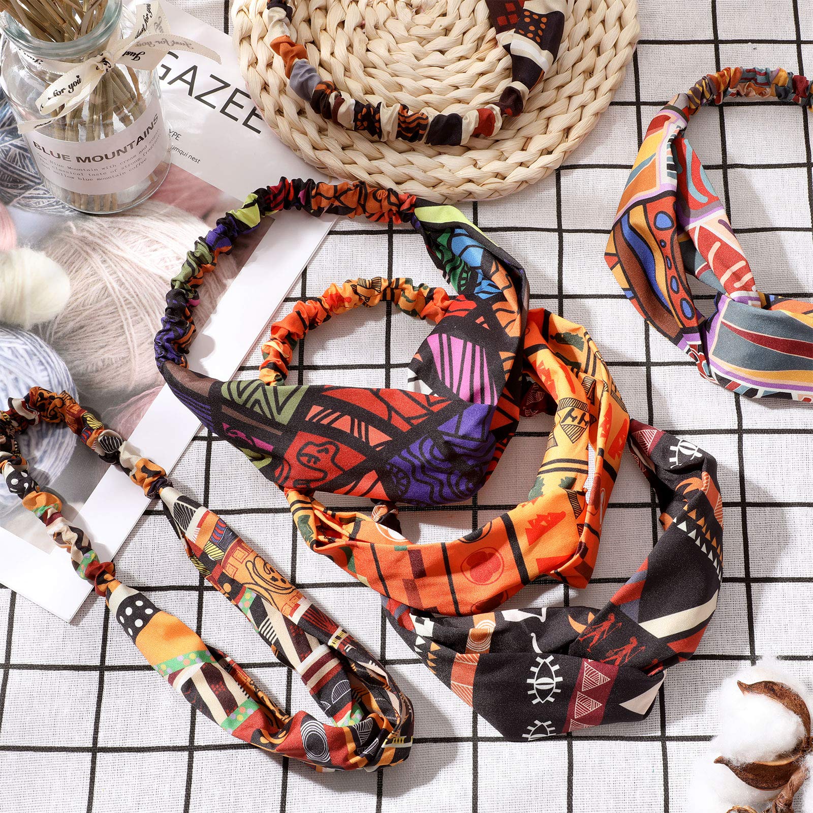 6 Pieces African Headbands Boho Print Headband Twist Knot Elastic Hair Bands Criss Cross Headband Workout Yoga Sports Hair Accessories for Women Girls