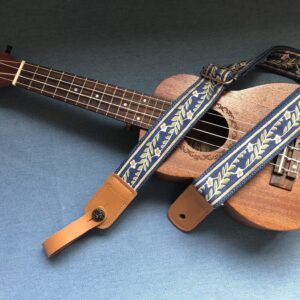 MUSIC FIRST Original Design Vintage Blue “Jasmine” Soft Meshbelt & Genuine Leather Ukulele Strap Ukulele Shoulder Strap With a Genuine Leather Strap Locker