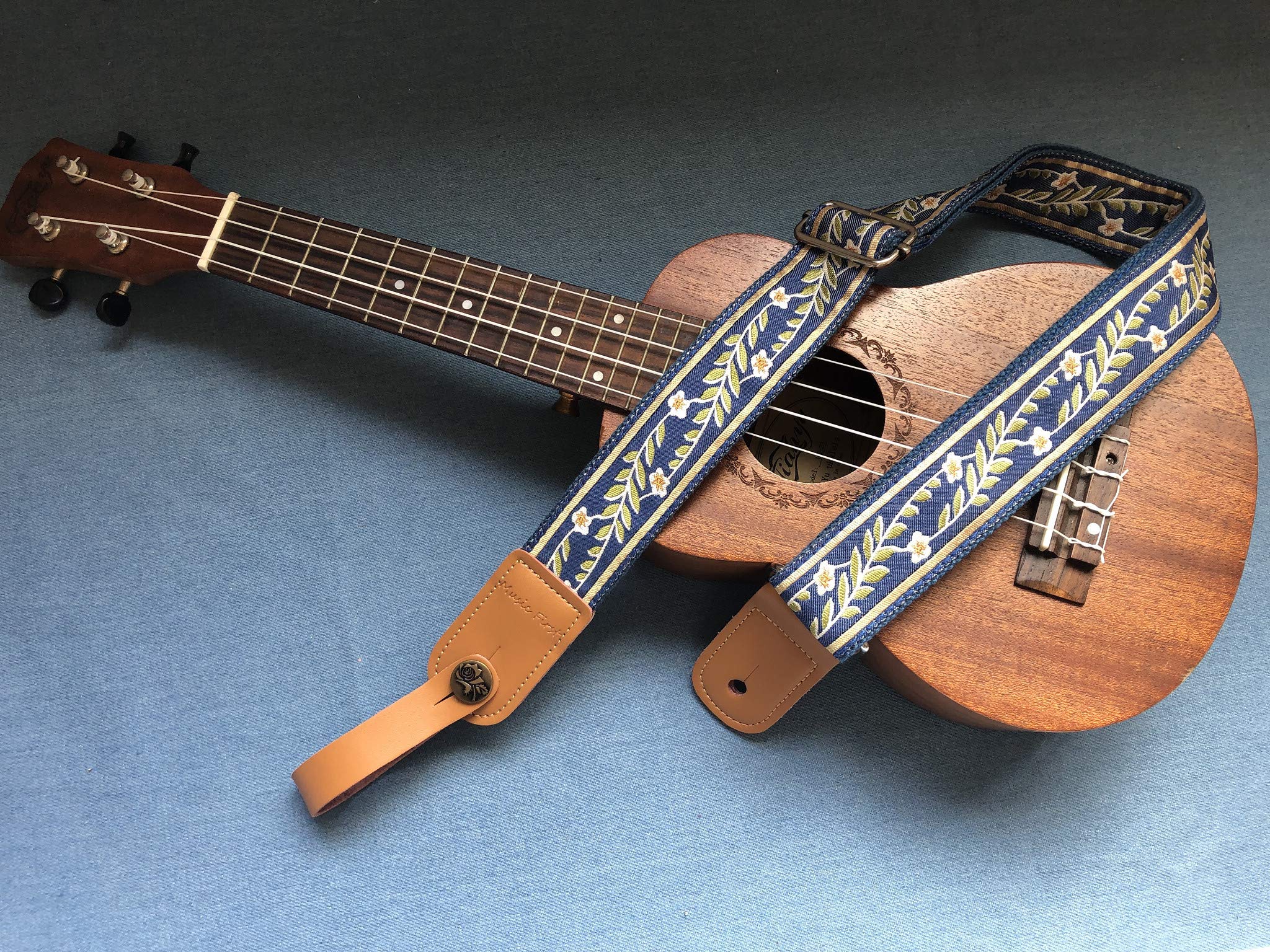 MUSIC FIRST Original Design Vintage Blue “Jasmine” Soft Meshbelt & Genuine Leather Ukulele Strap Ukulele Shoulder Strap With a Genuine Leather Strap Locker