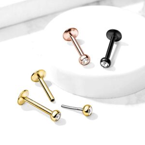 Amelia Fashion 18 Gauge Push In Jeweled Ball Top PVD Over 316L Surgical Steel Threadless Labret, Monroe, Flat Back Stud (18GA (1mm) - L.1/4" (6mm) - Ball: 2mm - Rose Gold/Clear)