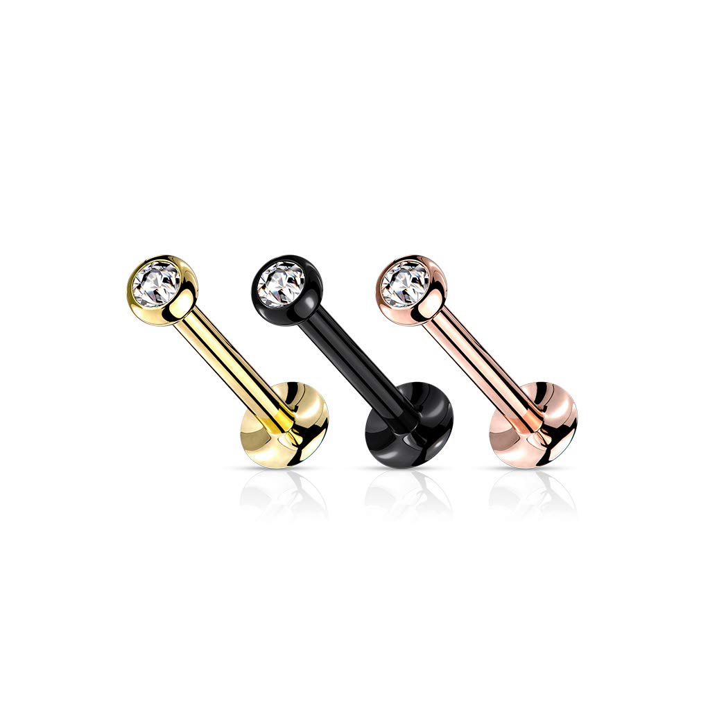 Amelia Fashion 18 Gauge Push In Jeweled Ball Top PVD Over 316L Surgical Steel Threadless Labret, Monroe, Flat Back Stud (18GA (1mm) - L.1/4" (6mm) - Ball: 2mm - Rose Gold/Clear)