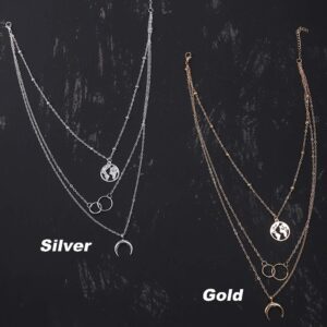 fxmimior 2 Tier Boho Dainty Layered Necklace Moon Necklaces Map Pendant Silver Gold Jewelry Stackable Choker Necklaces for Women and Girls (Silver)