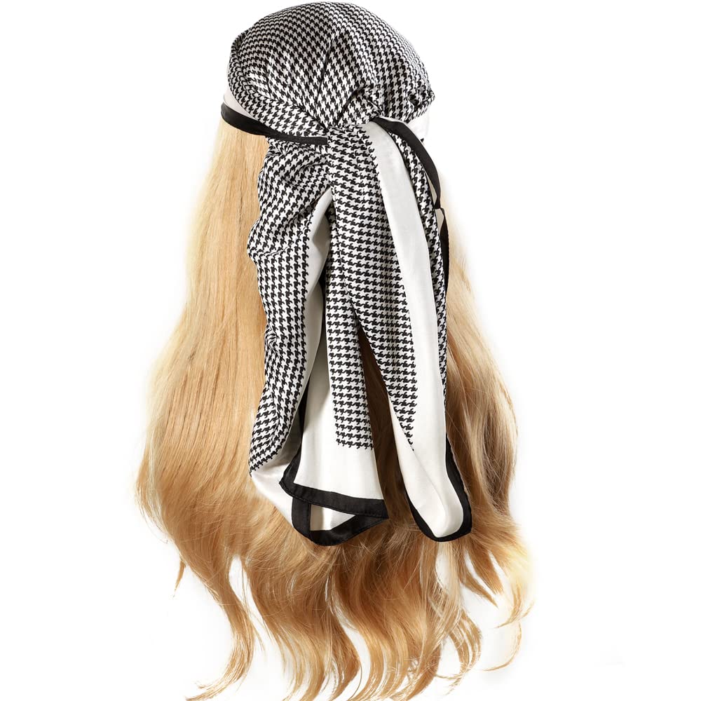 NaSoPerfect 27 inch Silk Feeling Scarf Square Satin Head Scarf Fashion Houndstooth Neck Scarfs for Women Black and White