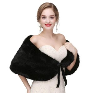 Haloty Women Bride Wedding Faux Fur Shawl 1920s Fur Stole Bridal Fur Shawls and Wraps Wedding Faux Fur Stole Fur Capelet Fur Cape Fur Shrug for Women and Girls(Black)