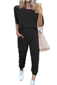 prettygarden women's two piece outfit short sleeve pullover with drawstring long pants tracksuit jogger set (a-black,medium)