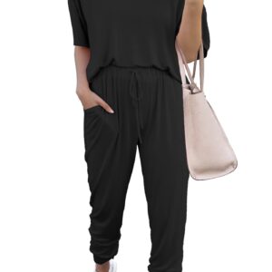 PRETTYGARDEN Women's Two Piece Outfit Short Sleeve Pullover with Drawstring Long Pants Tracksuit Jogger Set (A-black,Medium)