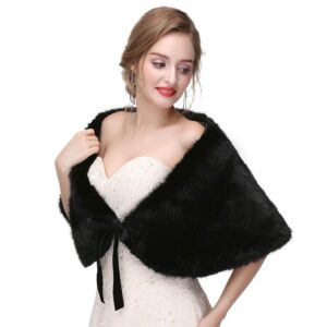 Haloty Women Bride Wedding Faux Fur Shawl 1920s Fur Stole Bridal Fur Shawls and Wraps Wedding Faux Fur Stole Fur Capelet Fur Cape Fur Shrug for Women and Girls(Black)