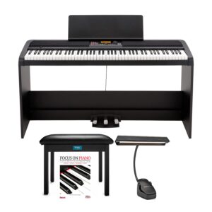 KORG XE20SP 88 Weighted Keys Digital Piano with Stand and 3 Pedals Bundle with Knox Gear Bench, Piano Light, and Piano Book/CD (4 Items)