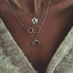 fxmimior 2 tier boho dainty layered necklace moon necklaces map pendant silver gold jewelry stackable choker necklaces for women and girls (silver)