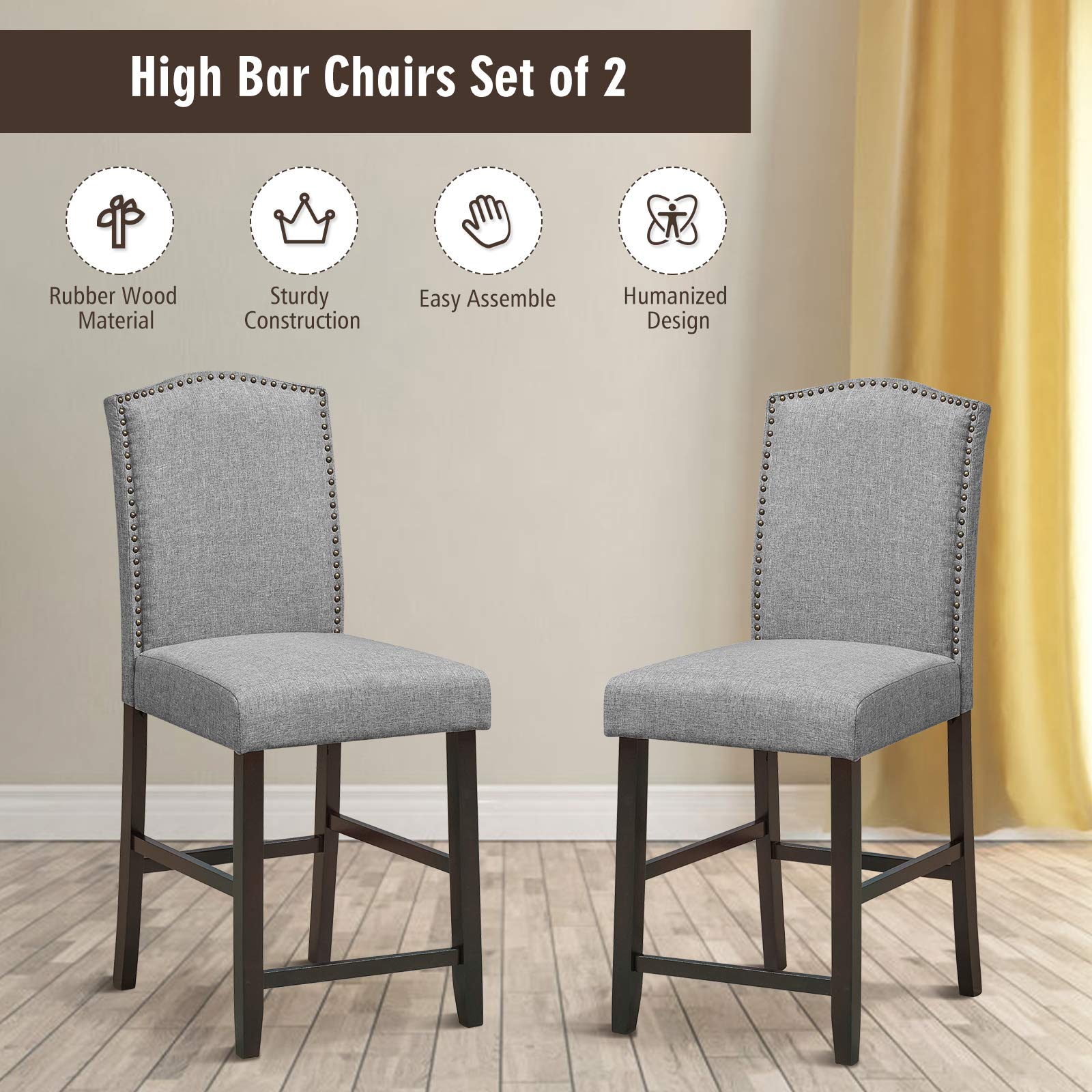 COSTWAY Bar Stools Set of 2, 25'' Upholstered Counter Height Bar Stools with S-Shaped Spring Thick Cushion, Rubber Wood Legs, High Back Leisure Chairs for Living, Kitchen, Dining Room (Grey, 2)